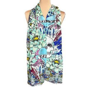 NWOT Betsey Johnson Large Printed Scarf Multi Lotus Skull Feather Grunge Punk
